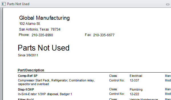 Parts Not Used